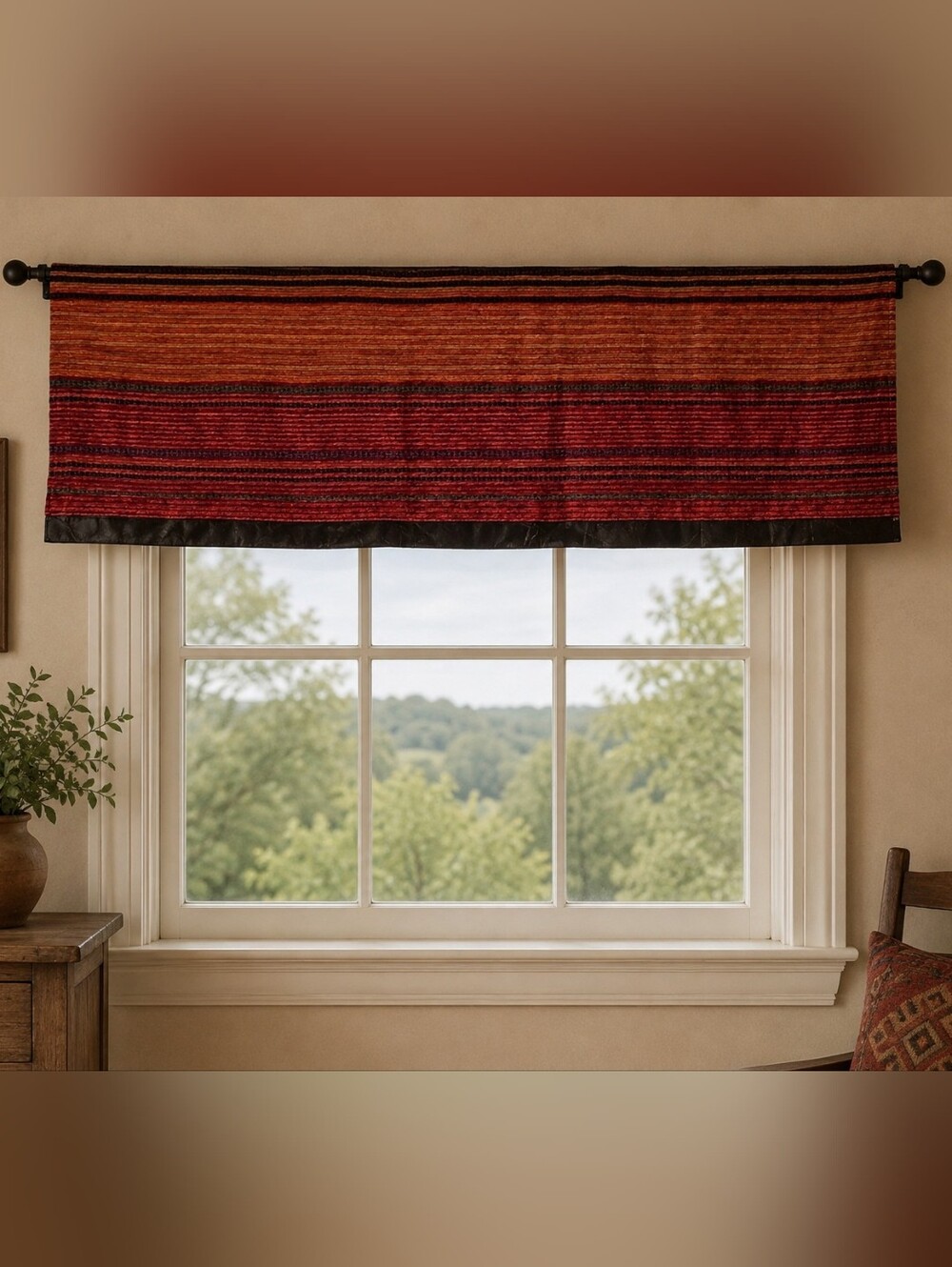 Croscill Home Long Stripe Valance With Faux Leather Trim. 86" x 20".